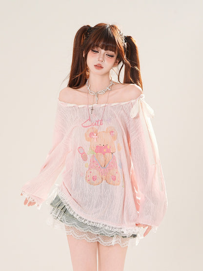 Ausschnitt-Überwurf, schulterfrei, entzückender Bärendruck, Rosa/Weiß, zum Selbstbinden