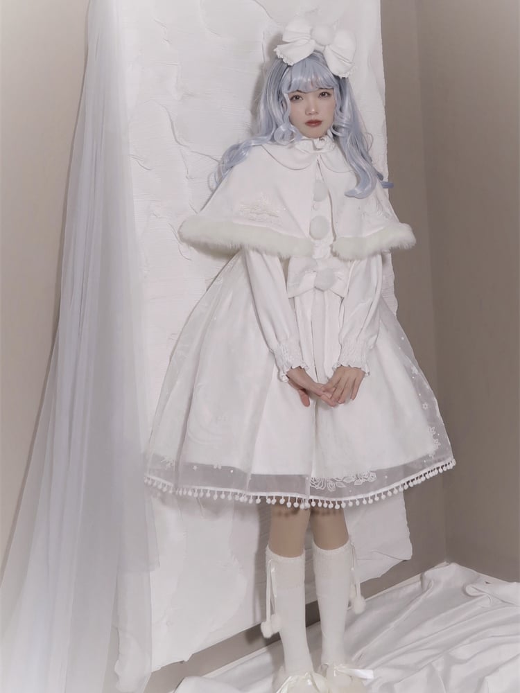 - + White Pattern Snowflake Skirt Full Sweet Set Cape Bow Jumper Big