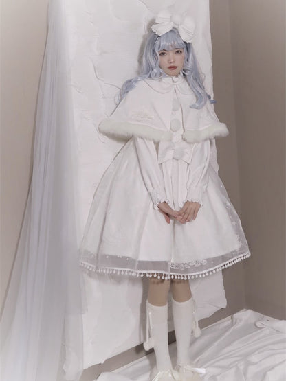 - + White Pattern Snowflake Skirt Full Sweet Set Cape Bow Jumper Big