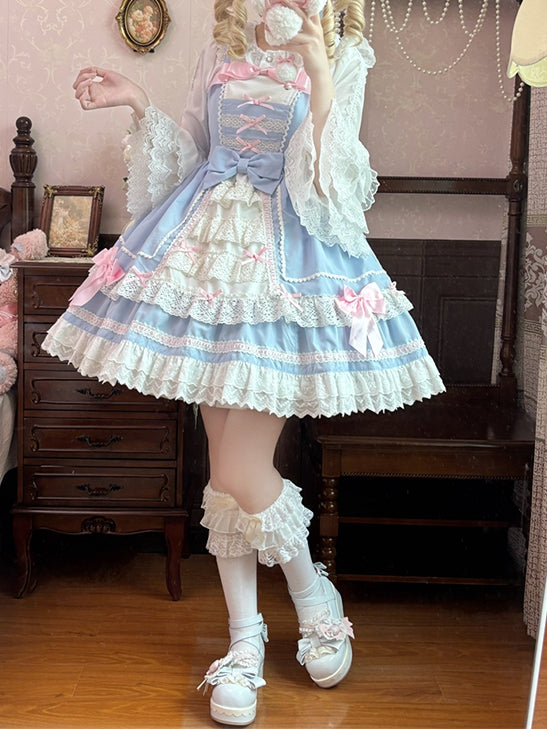 Süßes Lolita-Kleid mit Spitzenbesatz, rosa Schleifen, blau, JSK