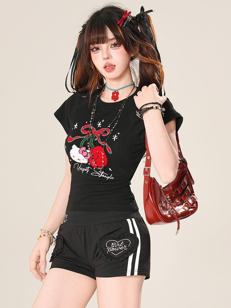 ぬいぐるみTシャツ パピー＆チェリー ホワイト/ブラック グラマラスアップリケ