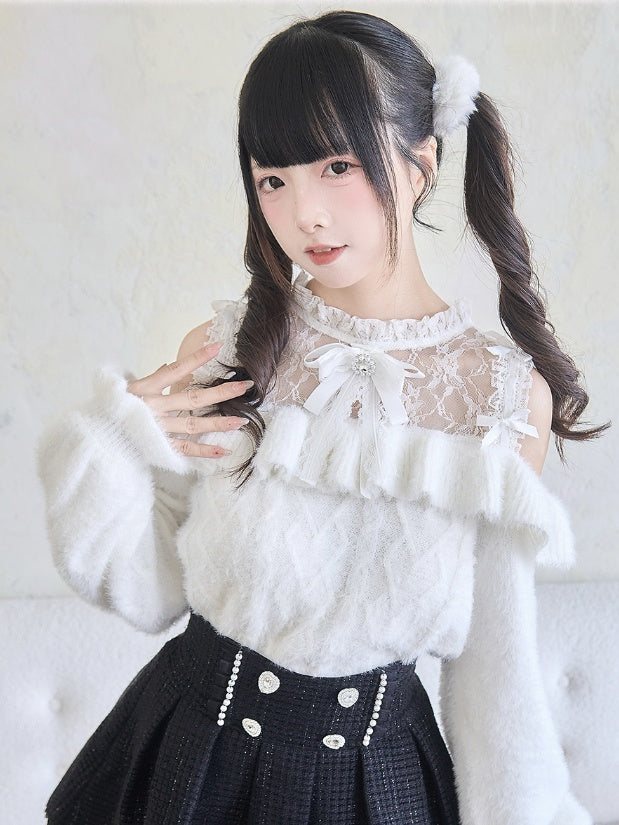フリルトリム ホワイト ジライカイ コントラスト レースパッチ セーター カットアウト ショルダー ボウノット