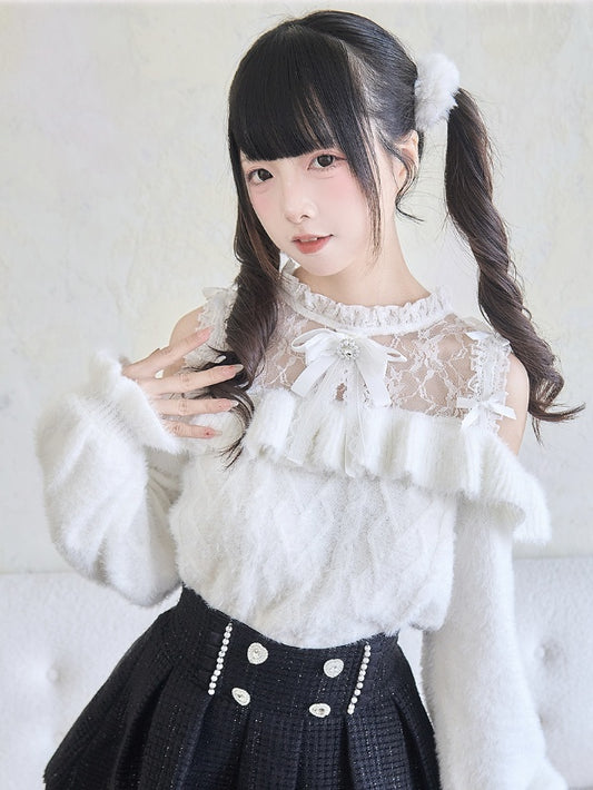 フリルトリム ホワイト ジライカイ コントラスト レースパッチ セーター カットアウト ショルダー ボウノット