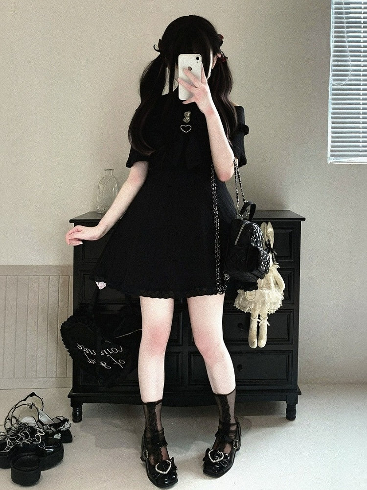 Cutout Shoulder Jacquard Dress with Ruffles, Bow Details, 4 Shades - Kitty Bxllet