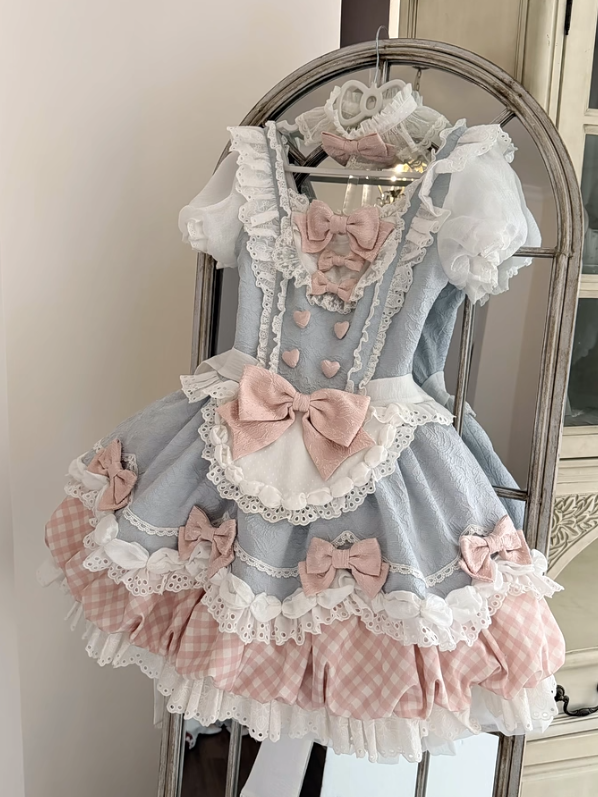 Light Blue Sweet Bow Faux Two-Piece Short Sleeve Lolita OP Dress with Apron - Asleep Townlet