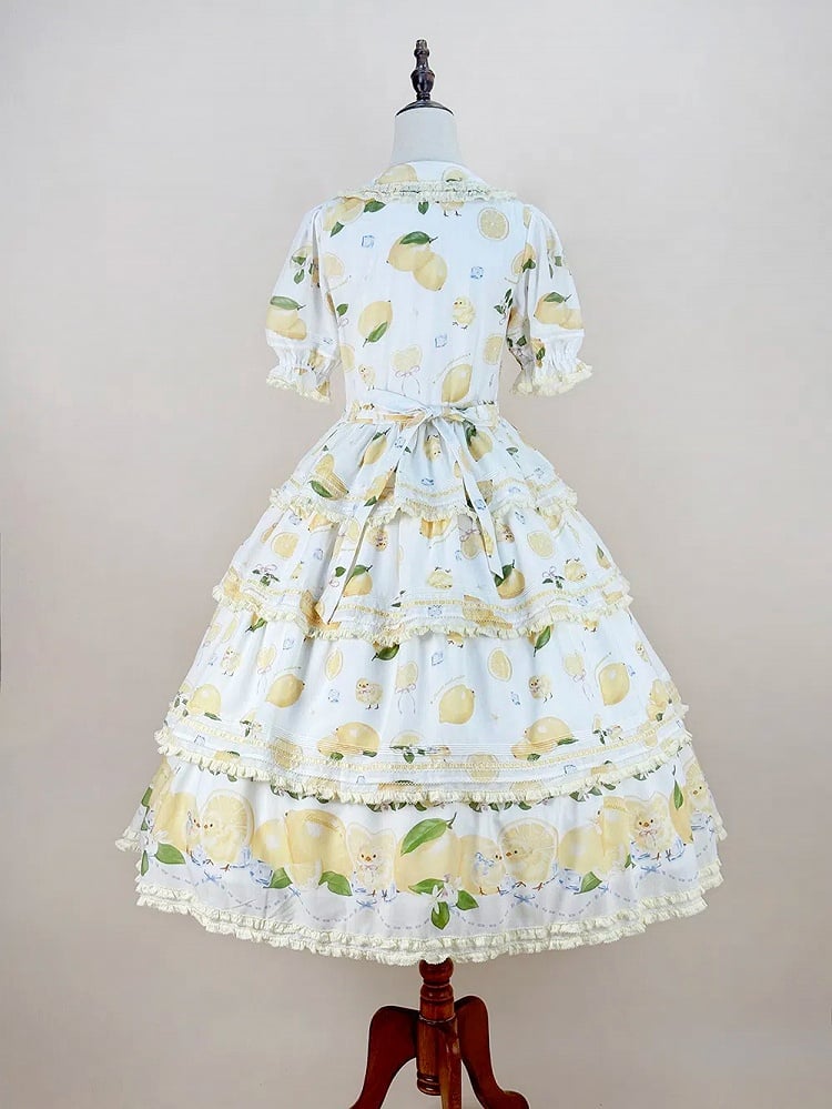 Short Front Lemon Sleeves Button Tiered Lolita Print Placket Skirt Dress White Chick and