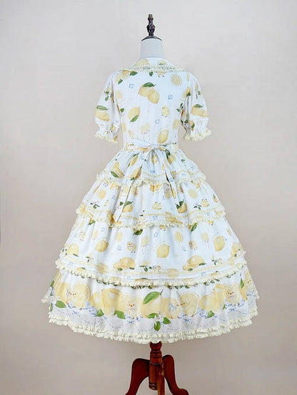 Short Front Lemon Sleeves Button Tiered Lolita Print Placket Skirt Dress White Chick and