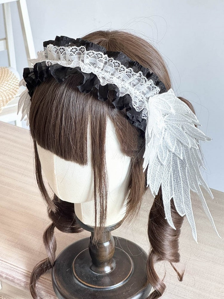 Color Lolita with – Details Lace Hairband Options 3 Ruffled Angel Wing
