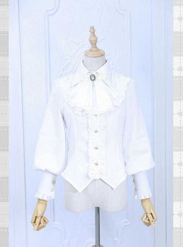White Long Sleeve Flounce Hem Elegant Lolita Blouse with Puff Sleeves