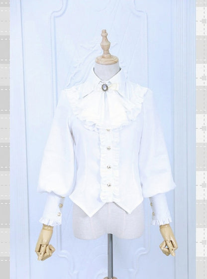 White Long Sleeve Flounce Hem Elegant Lolita Blouse with Puff Sleeves