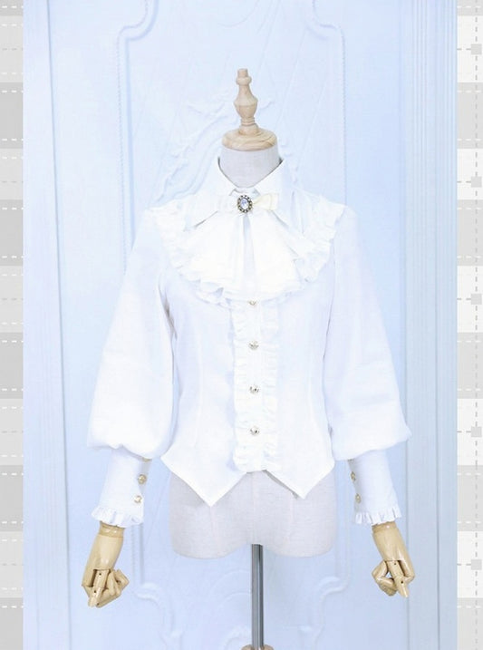White Long Sleeve Flounce Hem Elegant Lolita Blouse with Puff Sleeves