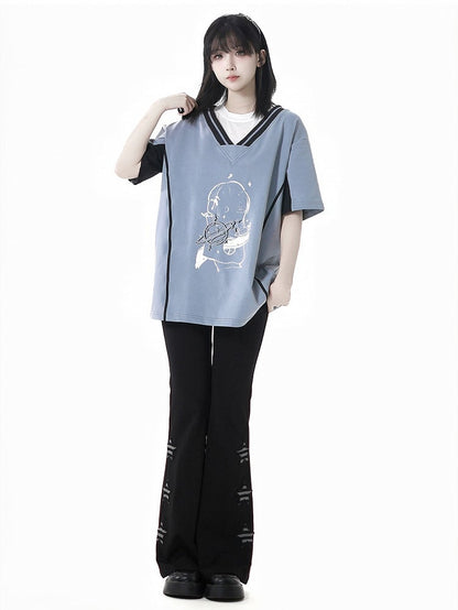 Two-pieces Neck Blue/Red Round Faux Light Graphic T-Shirt