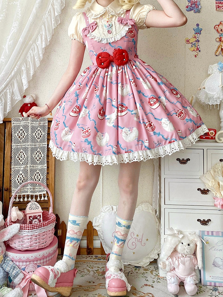Kitty Cake Fashion Kleid Sweet and Showa Pink Lolita Print Cherry