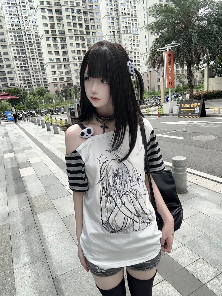 Decor White Y2K Cartoon with T-shirt Print Girl Skeleton Sleeve Striped