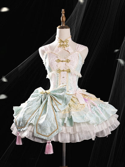 Light Green and Pink Chinoiserie Style Corset Dress Qi Lolita JSK Set