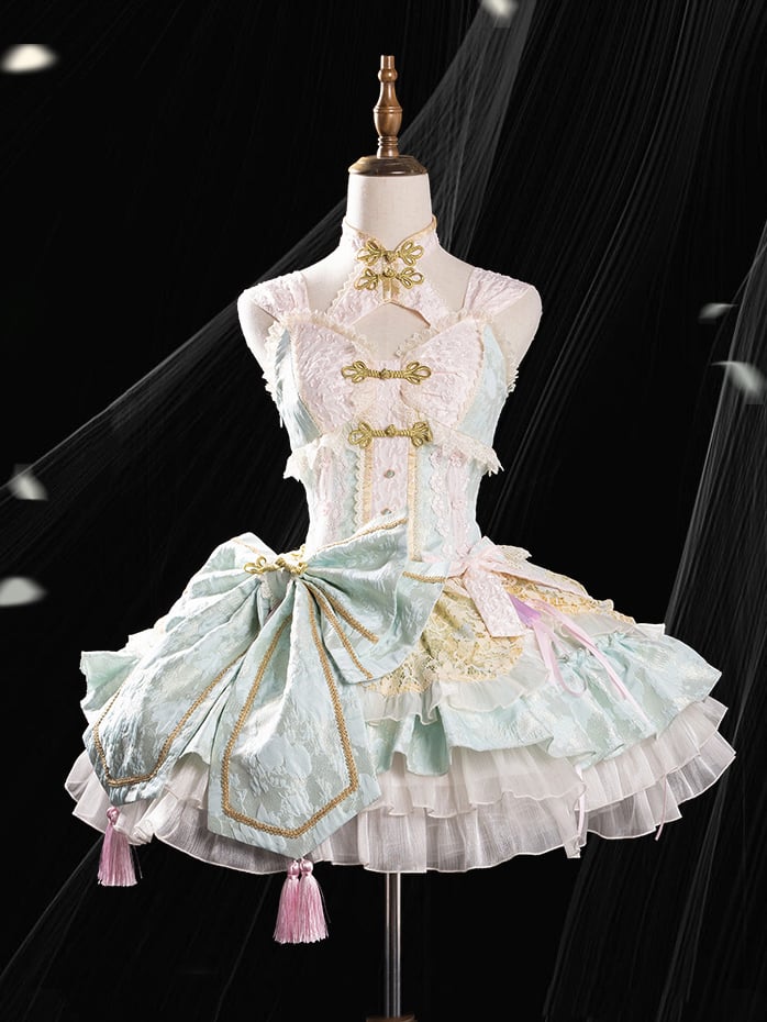 Light Green and Pink Qi Lolita Corset-Waist Dress with Large Waist Bow