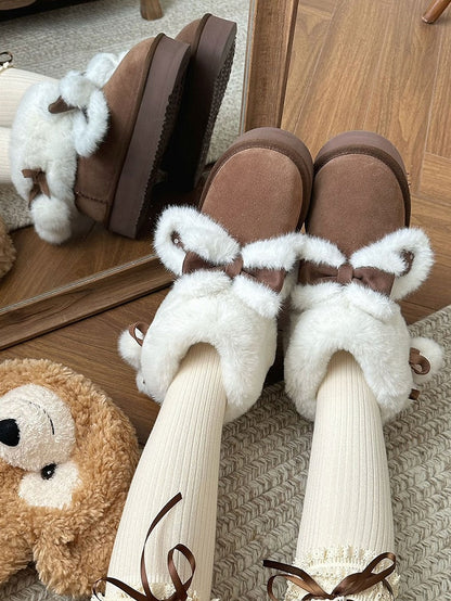 - Boots Dark Brown Snow Bunny Ears Sweet Lolita Dot Polka Platform Plush