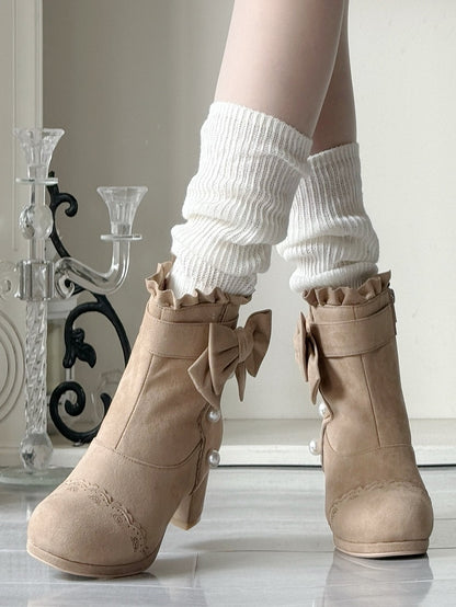 Beads Sophisticated Boots Lolita Mid-heel Khaki Details with