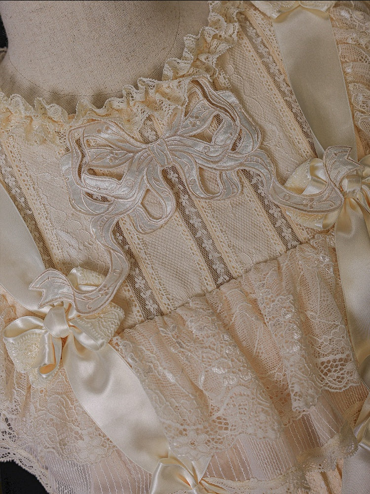 Retro Beige Lolita Lace Gown with Satin Ribbon Accents - Twin Bear Original Design