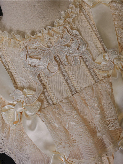 Retro Beige Lolita Lace Gown with Satin Ribbon Accents - Twin Bear Original Design