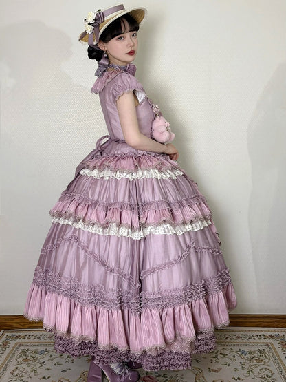 House Ruffle Dress Front Self-tie Straps Purple Cascading Placket Style Pink Lolita