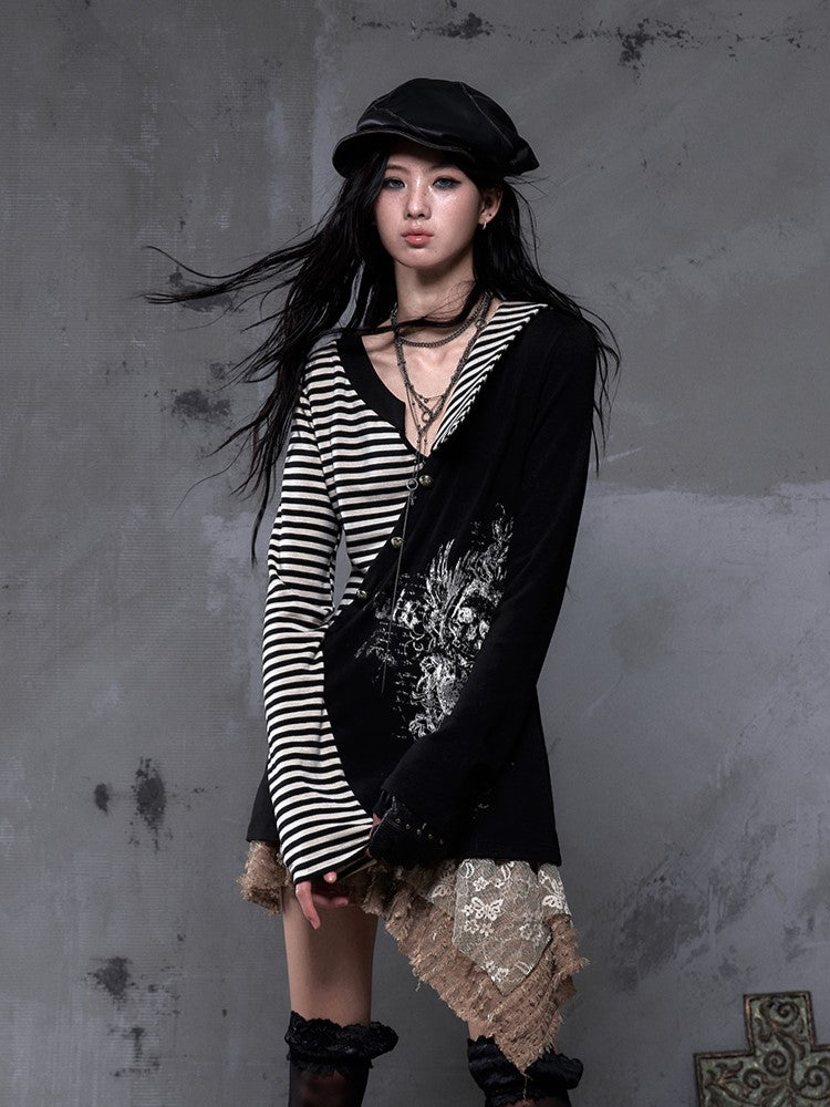 Top Vintage + Gothic Y2K Striped Collar with Black Punk Heart Knit Sleeve Motif