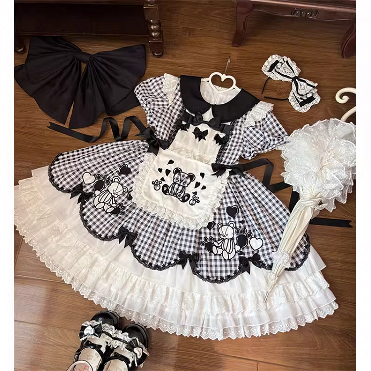 Sleeves Black  White Plaid Bear Lolita Dress Skirt Puff Tiered Embroidery OP