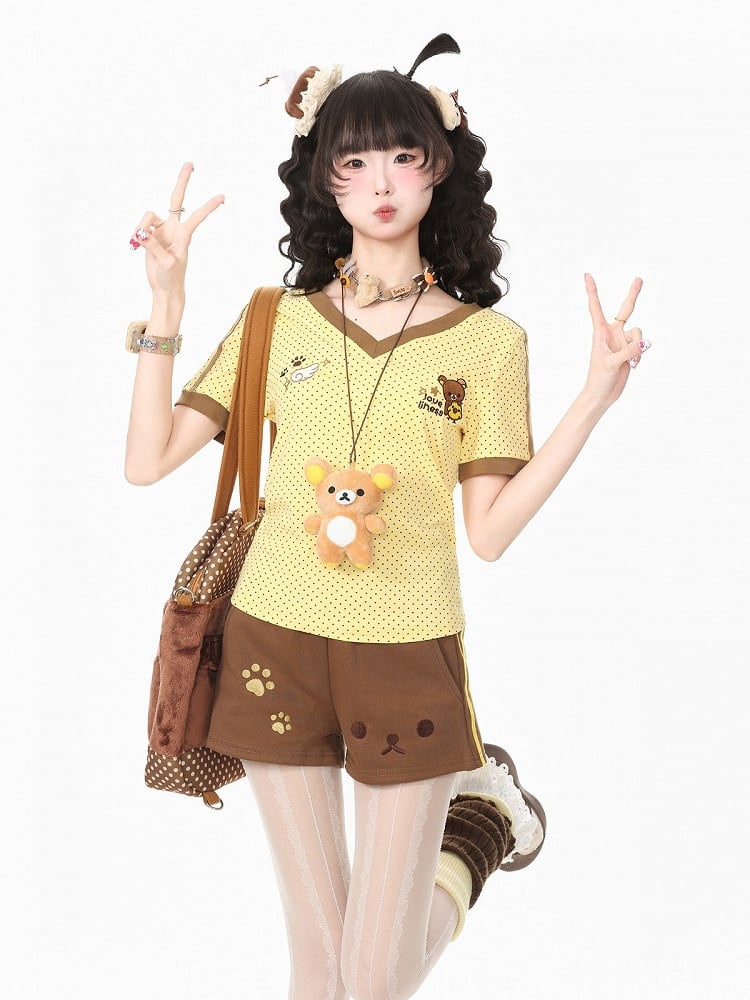 Polka Dot V-Neck Tee with Bear Embroidery and Plush Pendant Set - Languid Park