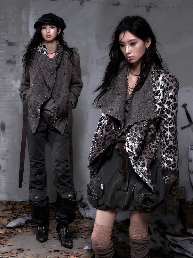 Straps Wool Coat with Tie Vintage Fabric Punk Leopard/Brown PU Reversible