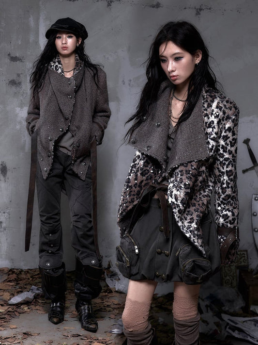 Straps Wool Coat with Tie Vintage Fabric Punk Leopard/Brown PU Reversible
