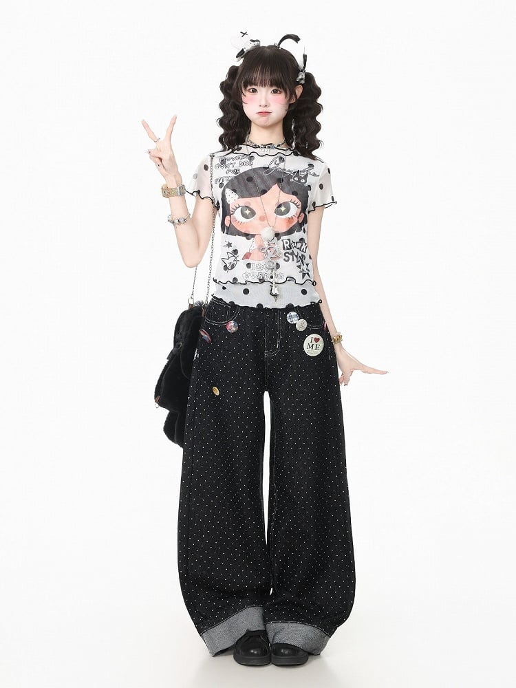 Cartoon Girl & Polka Dot Print White Mesh Short Sleeve T-Shirt - Languid Park