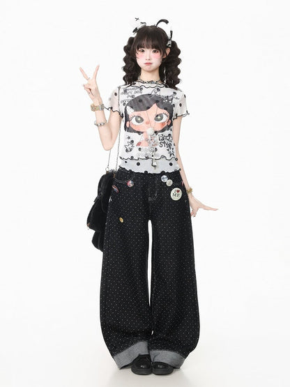 Cartoon Girl & Polka Dot Print White Mesh Short Sleeve T-Shirt - Languid Park