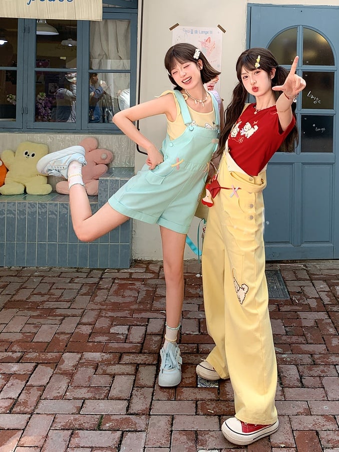 Cut Cartoon Puppy Embroidery Straight-leg Yellow Overall Pants