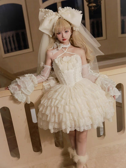 Cremiges Lolita-Kleid mit Jakobsmuschel-Rockbesatz, bestickt, Prinzessinnenkleid, gestuft