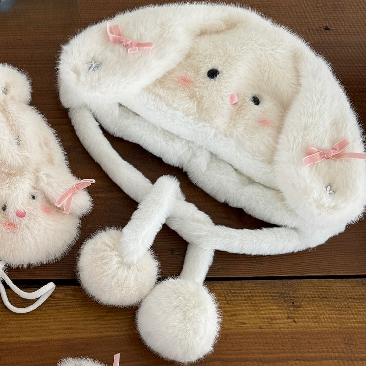 White Sweet Bunny Star Bowknot Plush Hat With Pompons