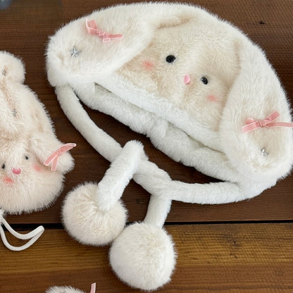 White Sweet Bunny Star Bowknot Plush Hat With Pompons