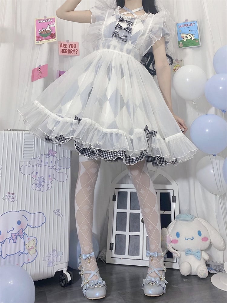 Black/White Diamondand Poker Pattern Alice in Wonderland Vibes Over Knee Stockings