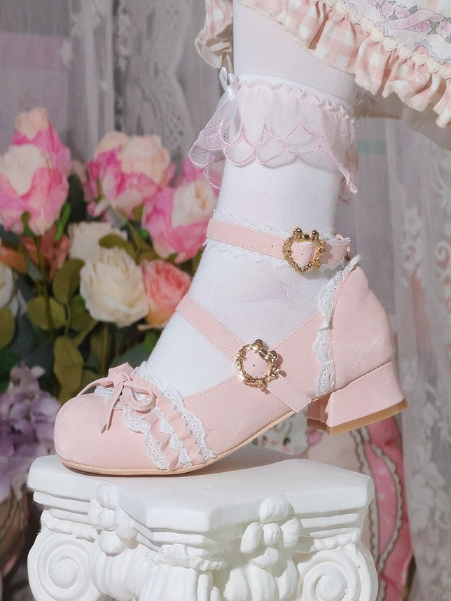 Lolita Janes Ornate Pink Low-heel Top Mary Heart Sweet Buckle with Knot Bow