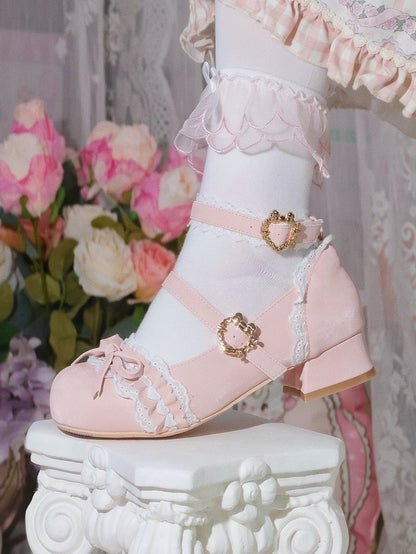 Lolita Janes Ornate Pink Low-heel Top Mary Heart Sweet Buckle with Knot Bow