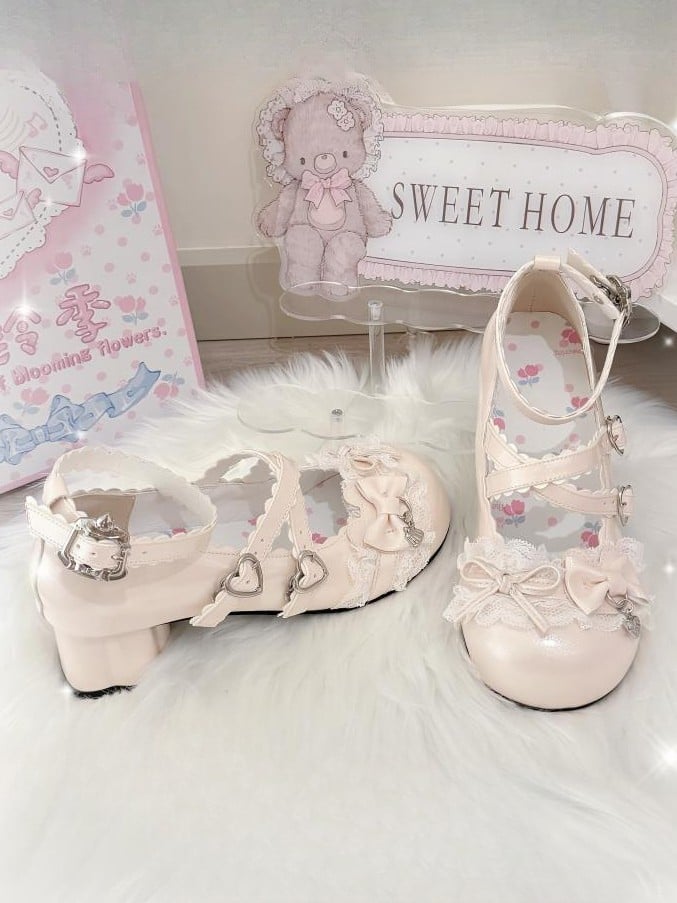 Mary Lolita Embellishments with Heel Design BeigeSweet Detail Scalloped Janes Bow Mid -