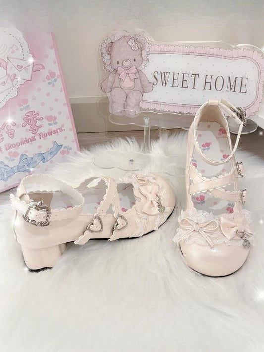 Mary Lolita Embellishments with Heel Design BeigeSweet Detail Scalloped Janes Bow Mid -