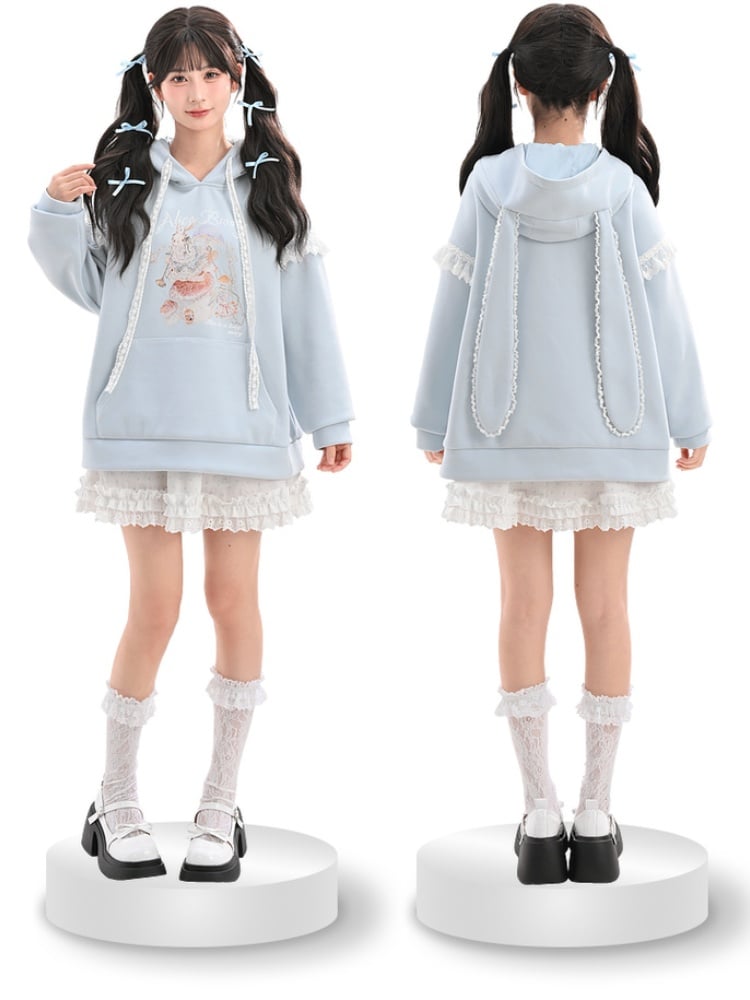 Yume Kawaii Blue Bunny Ear Hood Rabbit Print Hoodie