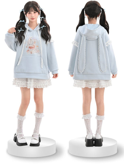 Yume Kawaii Blue Bunny Ear Hood Rabbit Print Hoodie