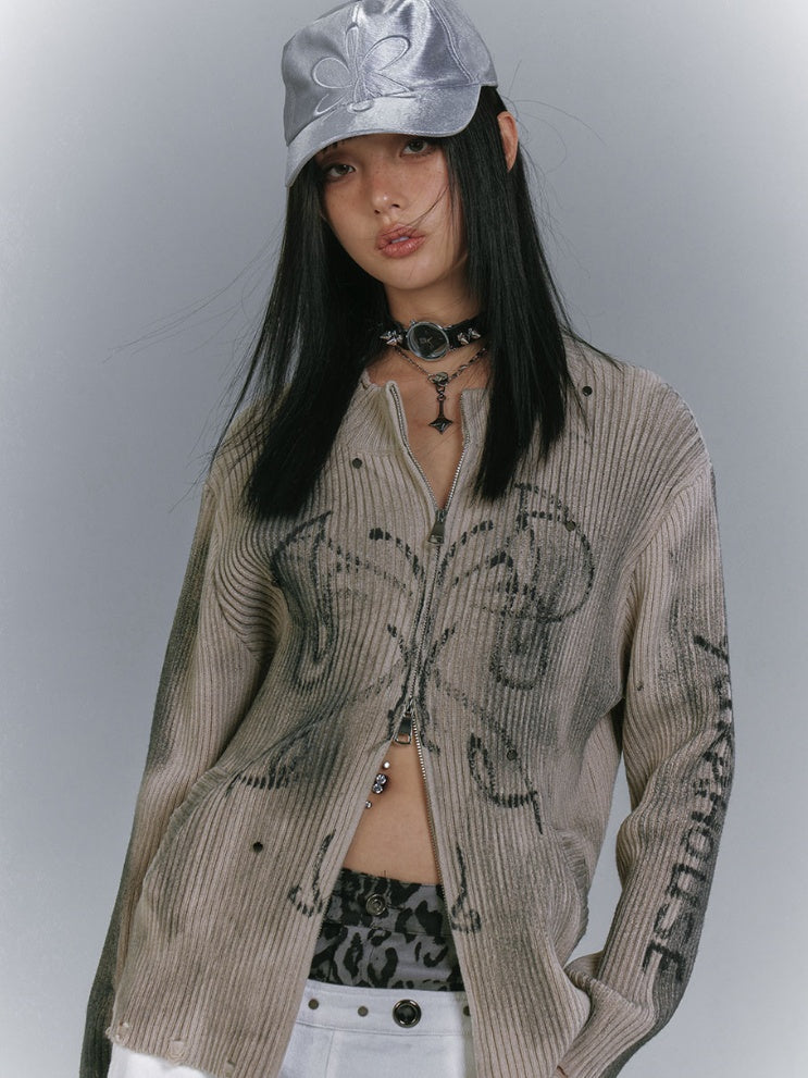 カーキのツーウェイジッププラケットダメージニットセーター、ウェイストランドパンク