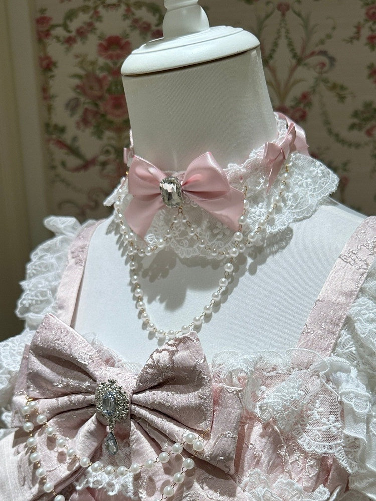 Pastel Lolita Rhinestone Bow Choker with Beaded Chain - White Sugar Girl