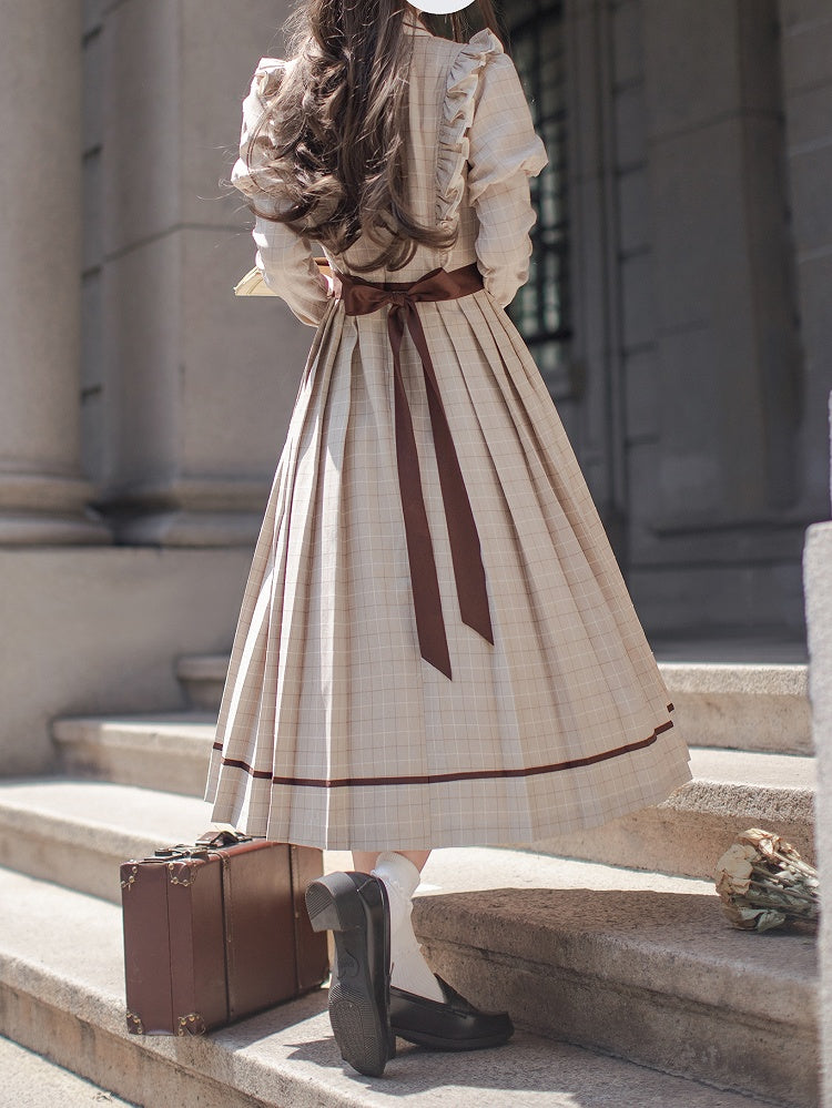Plaid Pleated Juliette Sleeves Preppy Dress: Skirt with Coffee Light Style