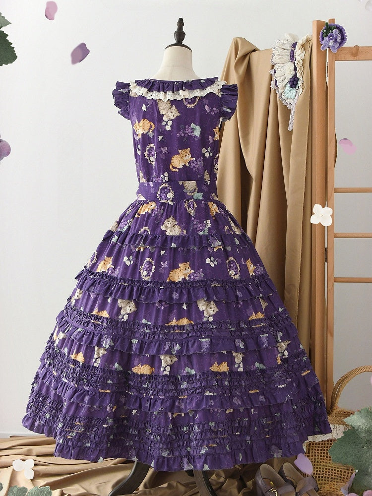 Modischer Lolita-Rock und Print, lila Hauspullover, traubenlanges Kleid, veränderbar, rosa Kätzchen