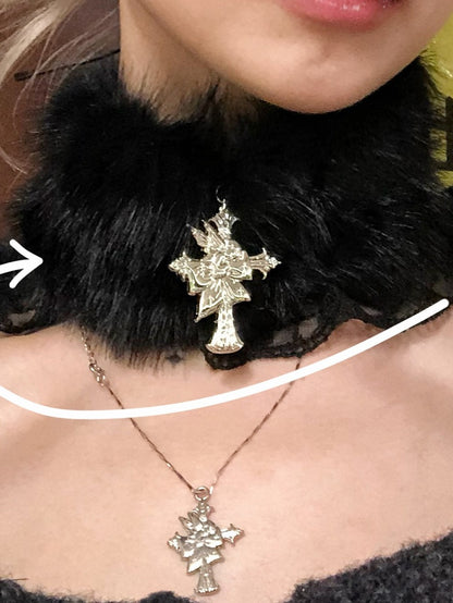 Choker with Trim and Lace Black Cross Plush Charm