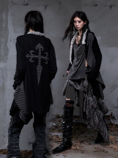 with Two Black Striped Piece Faux Vintage  Lining Cross Rhinestone Punk Top Back Applique