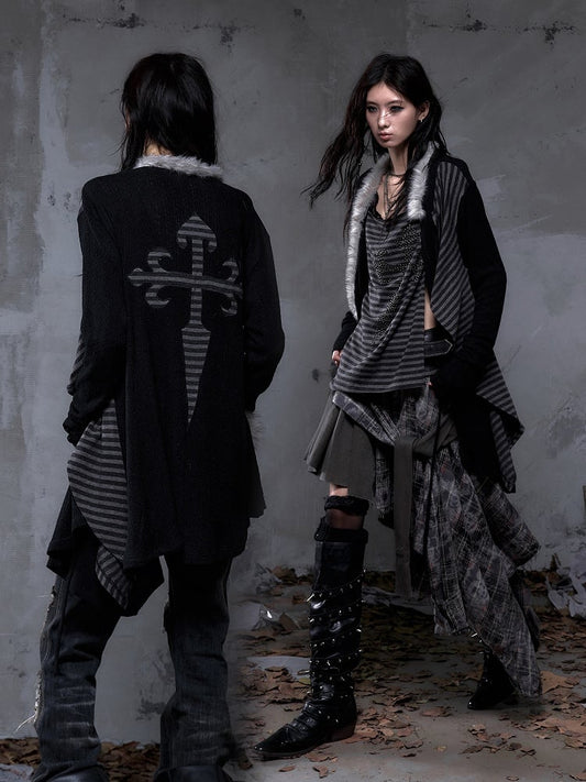 with Two Black Striped Piece Faux Vintage  Lining Cross Rhinestone Punk Top Back Applique